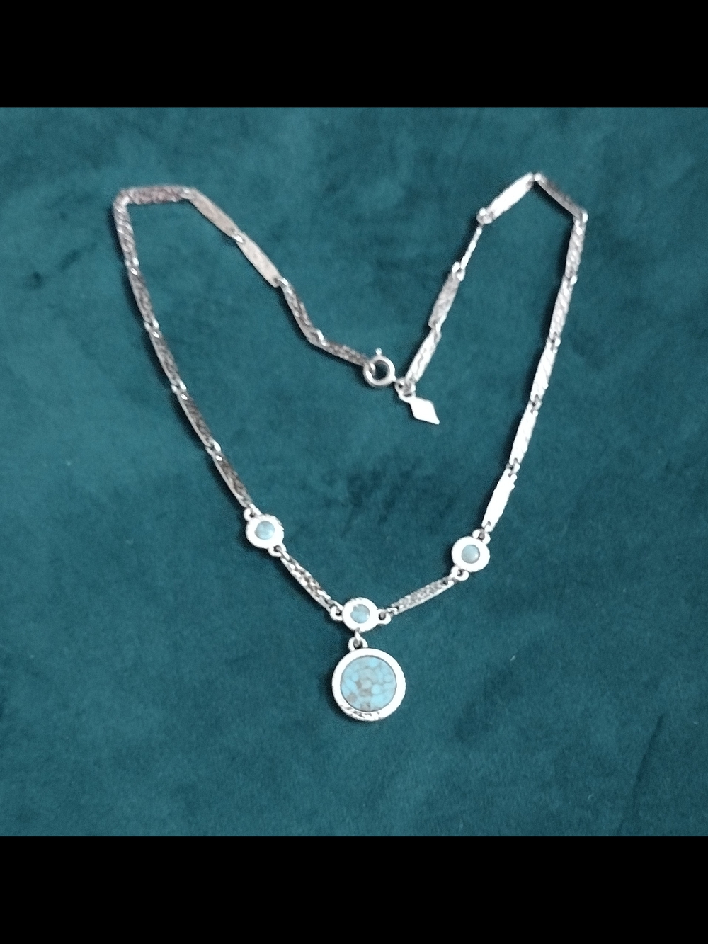 Vintage Silver-Tone Faux Turquoise Pendant Necklace Women Costume Jewelry